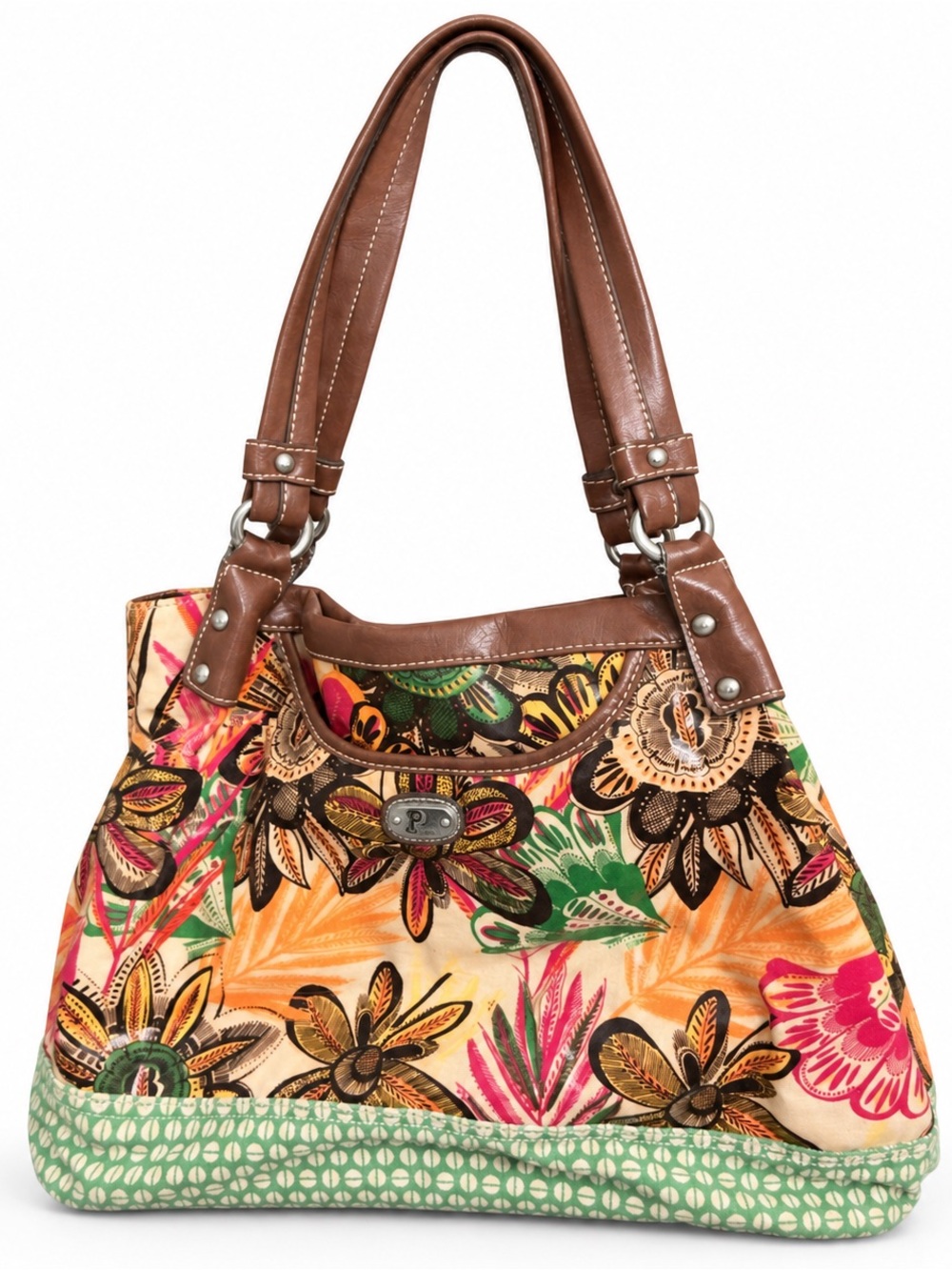 Plum Boho Floral Shoulder Bag • Multicolor Print • Faux Leather Trim